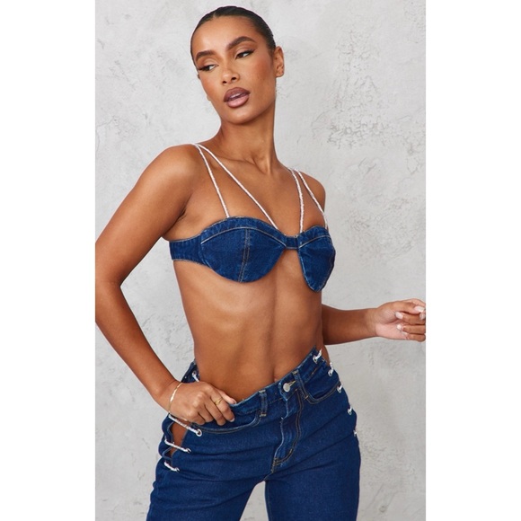PLT DARK BLUE WASH DIAMANTE STRAP DENIM BRA TOP - US Size 4 - Picture 1 of 11